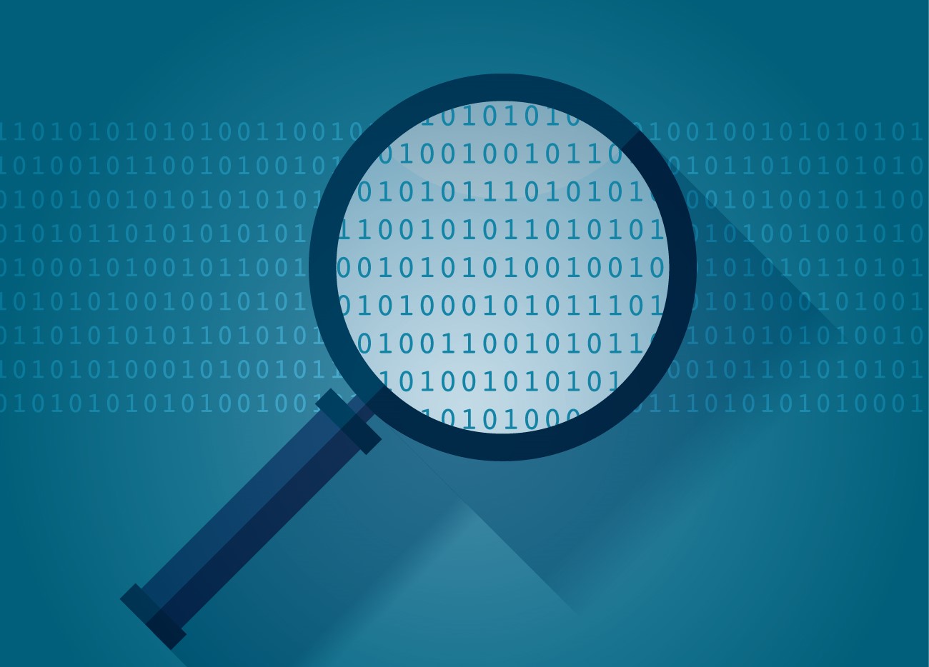 Magnifing glass over binary code